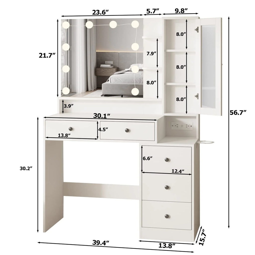 VEANERWOOD Makeup Vanity Desk with Lighted Mirror and Power Strip, Modern Vanity Table with 5 Drawers, White