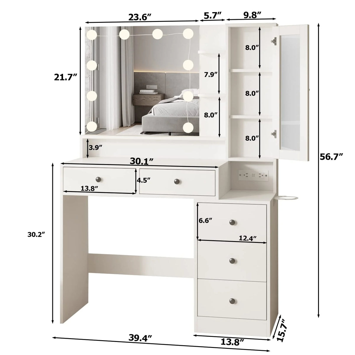 VEANERWOOD Makeup Vanity Desk with Lighted Mirror and Power Strip, Modern Vanity Table with 5 Drawers, White