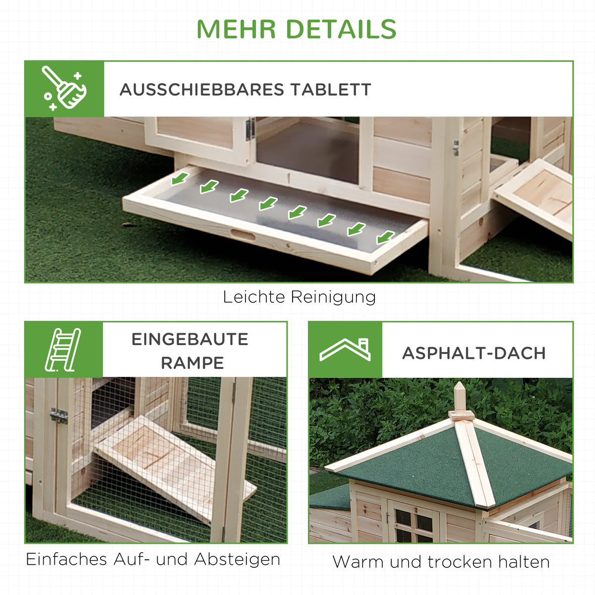 PawHut Hühnerstall für Zwerghühner 196 x 76 x 97 cm Hühnerhaus mit Nistkasten, Freilaufgehege Sitzstange, Kleintierstall aus Holz, Natur