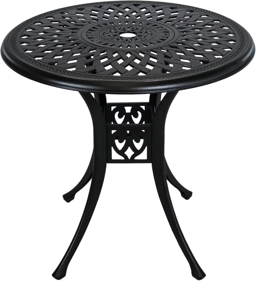 30.3 in Round Patio Table Cast Aluminum Patio Table, Metal Patio Dining Table with Umbrella Hole, All-Weather Outdoor Bistro Dining Table for Backyard, Garden, Balcony, Black