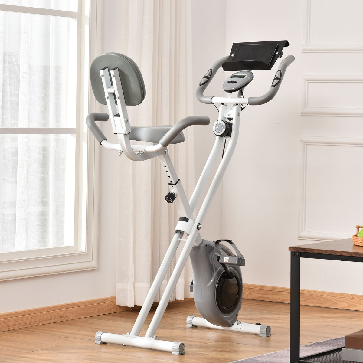 HOMCOM Magnetisches faltbares Heimfahrrad Fitnessfahrrad Innenfahrrad mit großem Komfort verstellbarer Sattel Rückenlehne gepolsterte Griffe LCD-Display Tablettenhalter Stahl Weiß Grau