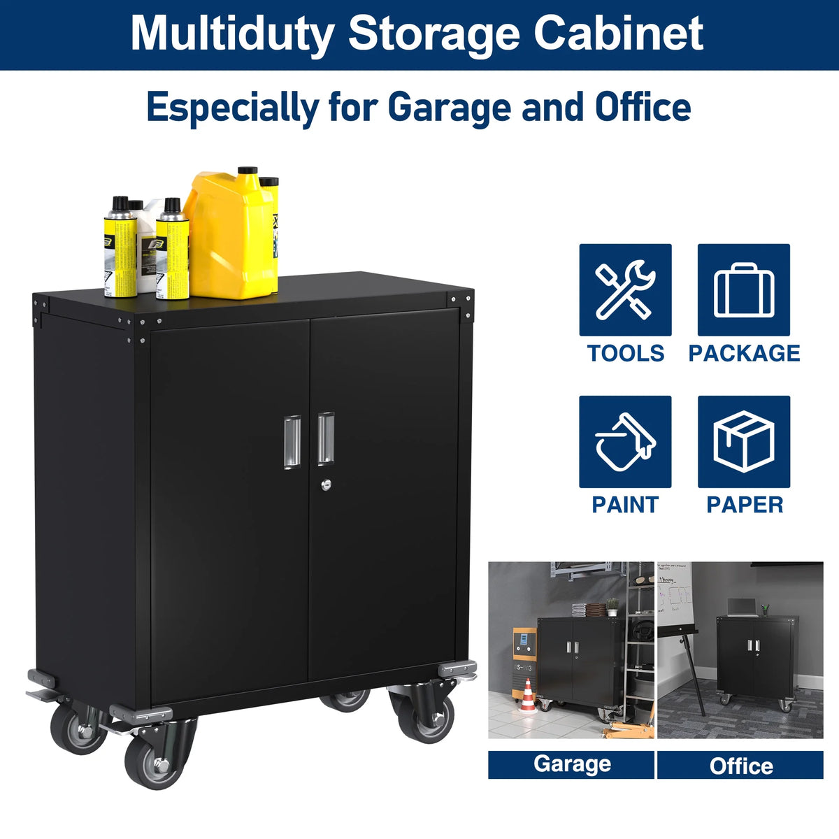 Aobabo Metal Storage Cabinet with Lock, Garage Storage Cabinet with Wheels, 72in Steel Storage Cabinet for Garage Home Storage, Black Required - Assembly
