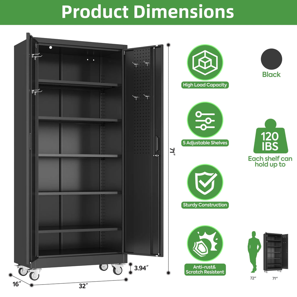 Aobabo Metal Storage Cabinet with Lock, Garage Storage Cabinet with Wheels, 72in Steel Storage Cabinet for Garage Home Storage, Black Required - Assembly