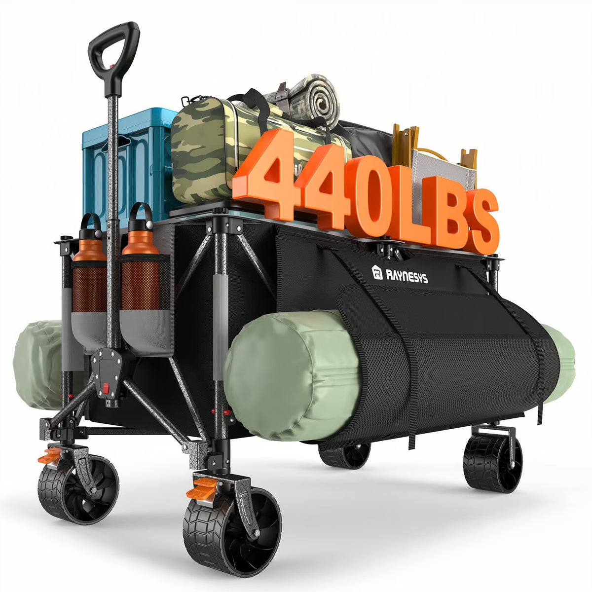 Raynesys 300 L Foldable Wagon Cart with Wheels, 440 lb Heavy Duty Beach Wagon for Sand Sports Camping Grocery, Black & Gray