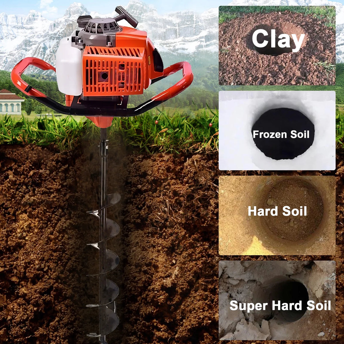 Jacgood 62cc Post Hole Digger 2 Stroke Petrol Gas Powered Earth Digger with 3 Auger Drill Bits (3" 5" & 8") + 3 Extension Rods for Farm Garden Plant