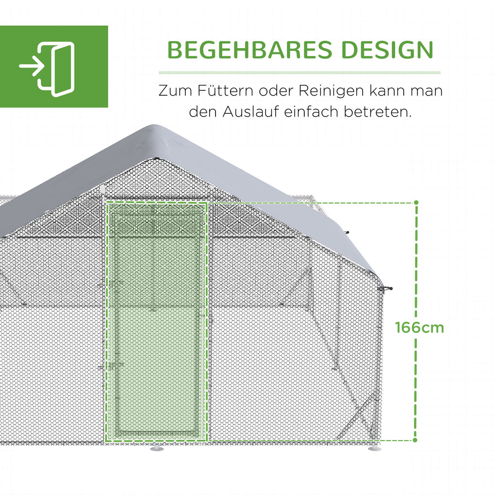 PawHut Zwerghühnerstall, wetterbeständig, begehbarer Stall, Stahlgitter, 400 cm x 300 cm x 195 cm, Silber