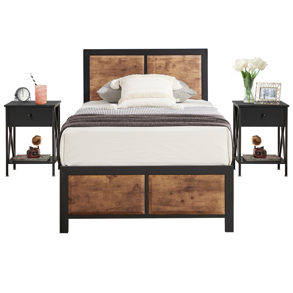 VECELO 3 - Piece Bedroom Set with Twin Size Bed Frame and 1 - Drawer Black Nightstands