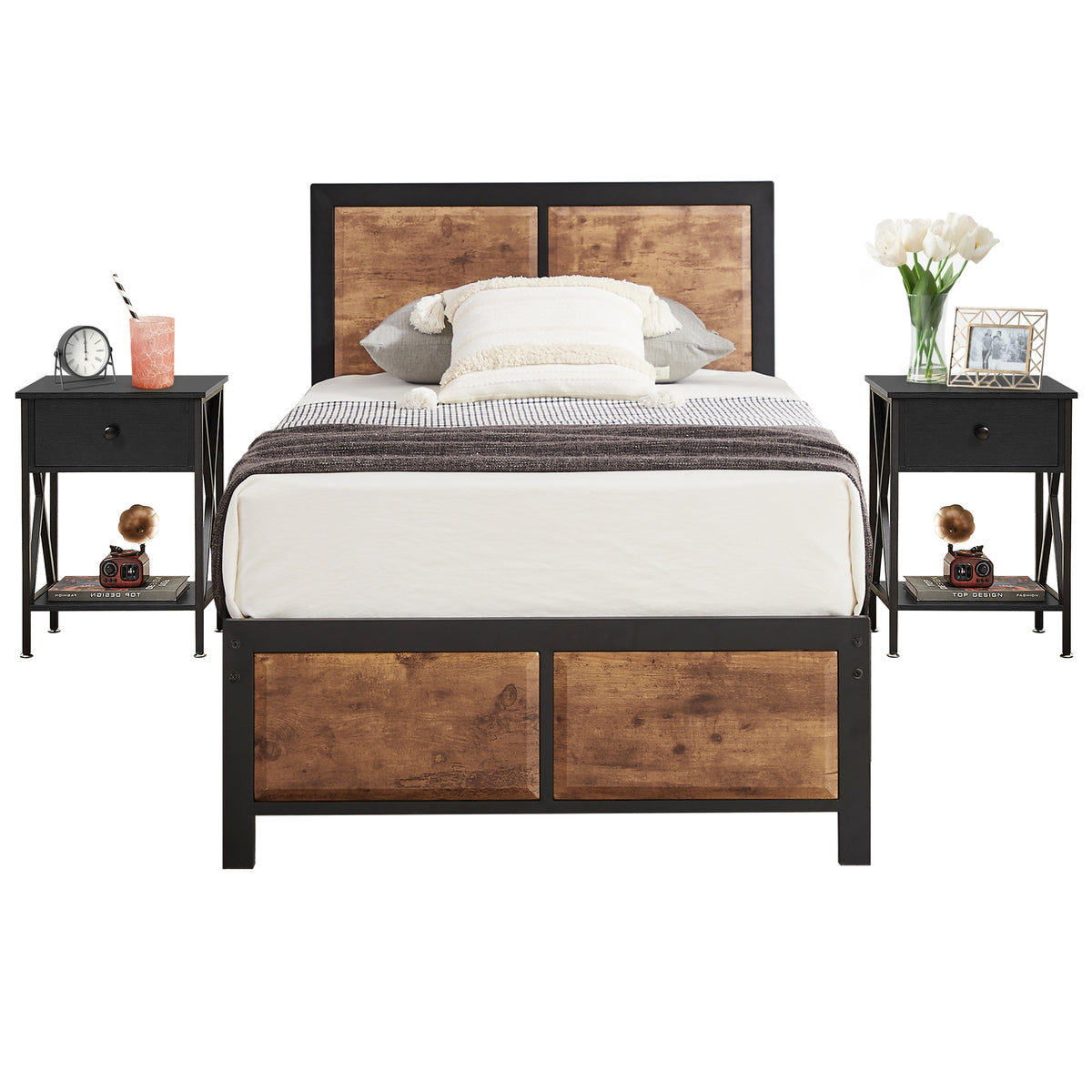 VECELO 3 - Piece Bedroom Set with Twin Size Bed Frame and 1 - Drawer Black Nightstands