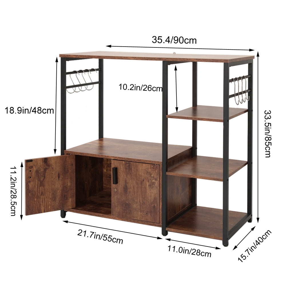 Kitchen Baker's Rack with Storage and 8 Hooks. 4 Tier Microwave Stand with Cabinet. Coffee Bar Station for Small Space. Rustic Brown