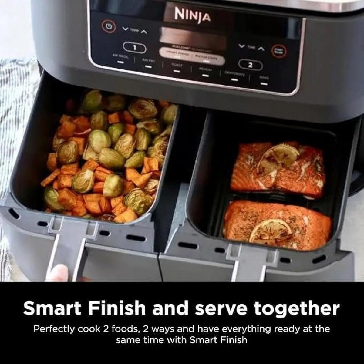 Ninja DZ201 Foodi 8 Quart 6 - in - 1 Dualzone 2 - Basket Air Fryer with 2 Independent Frying Baskets, Match Cook & Smart Finish to Roast, Broil, Dehydrate & More for Quick, Easy Meals, Grey