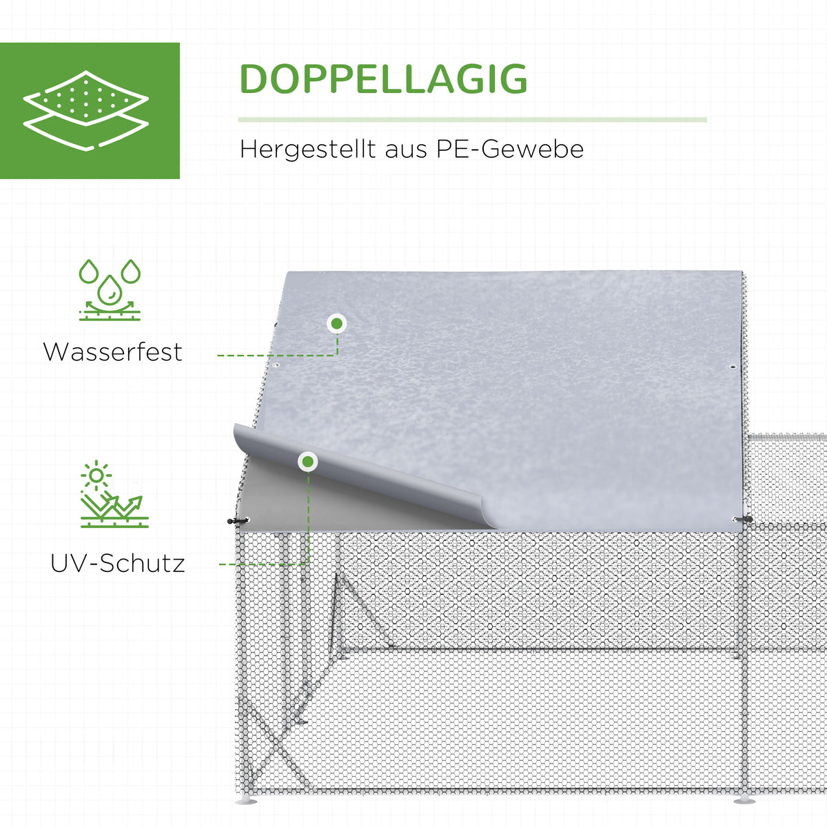 PawHut Zwerghühnerstall, wetterbeständig, begehbarer Stall, Stahlgitter, 400 cm x 300 cm x 195 cm, Silber