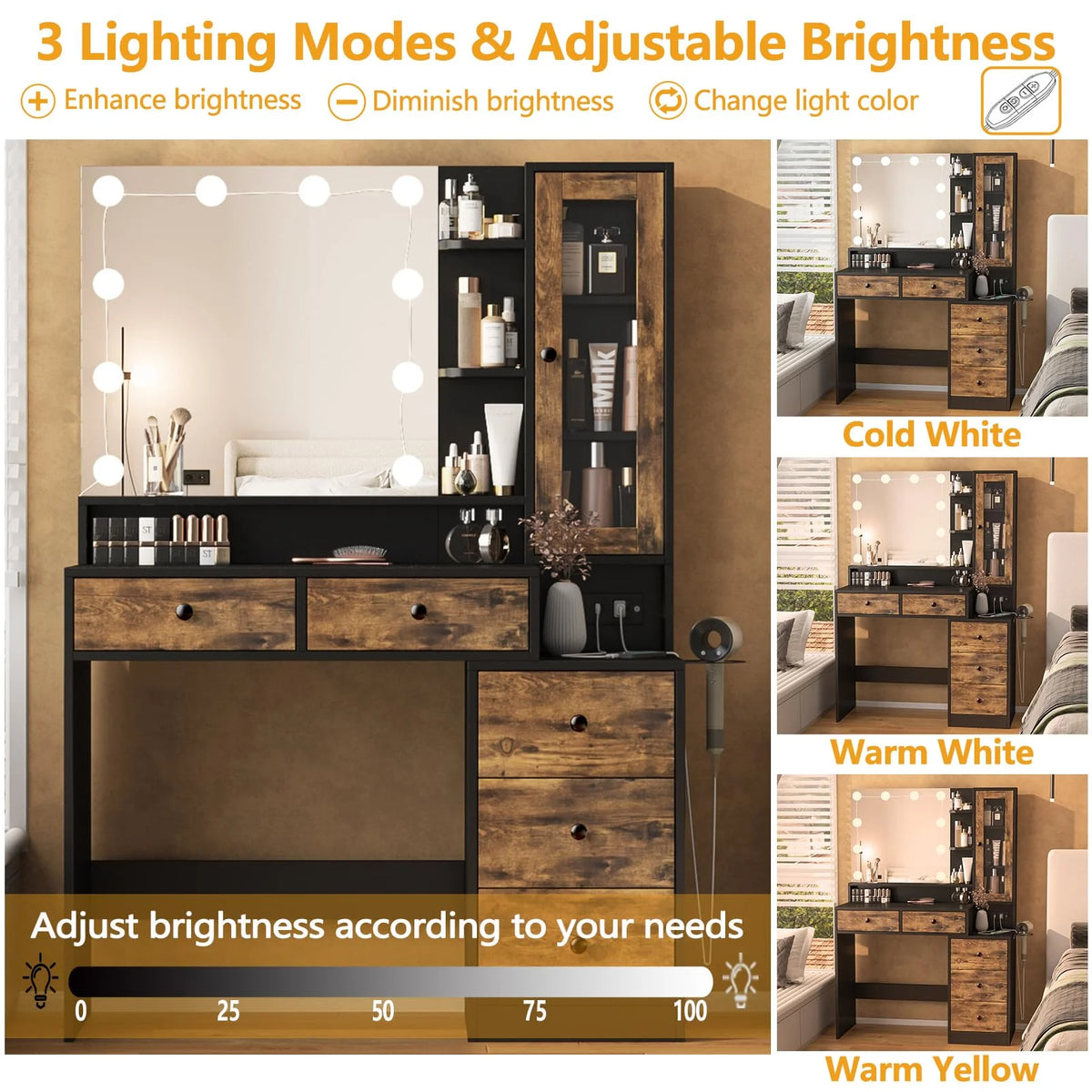 VEANERWOOD Makeup Vanity Desk with Lighted Mirror and Power Strip, Modern Vanity Table with 5 Drawers, White
