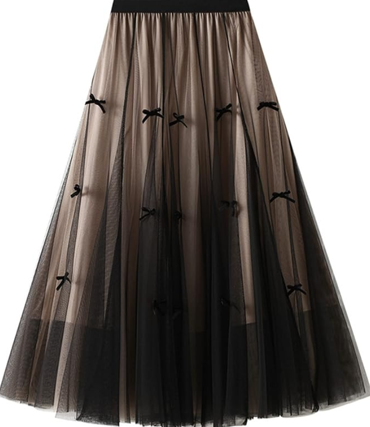 Women's A-Line Fairy Patterned Elastic Waist Ruffle Tulle Layered Midi Skirt