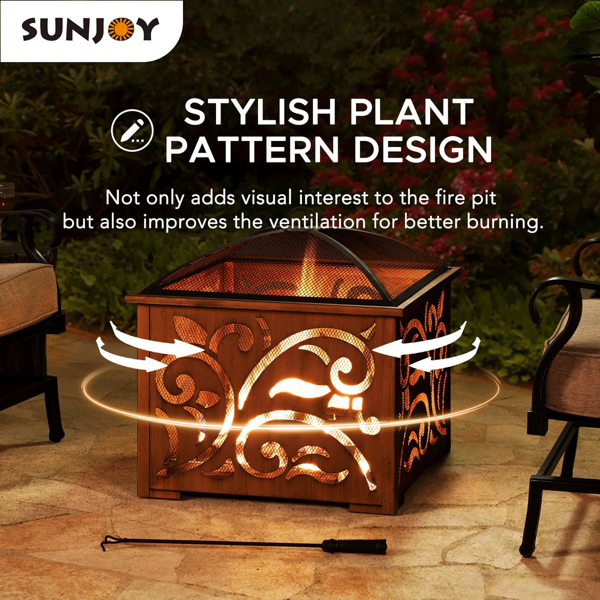 Sunjoy 26 in Fire Pit for Outside, Outdoor Wood Burning Firepit with Steel Mesh Spark Screen and Fire Poker, Large Bonfire for Patio and Backyard