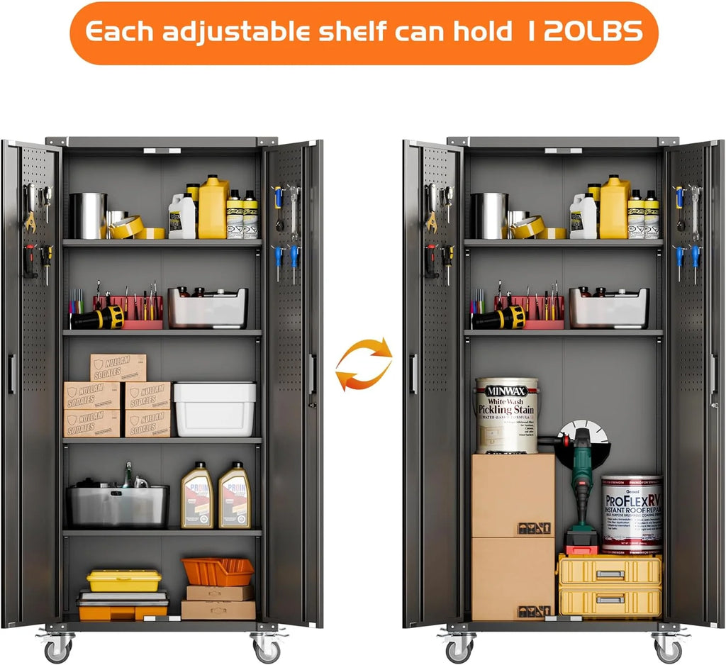 Aobabo Metal Storage Cabinet with Lock, Garage Storage Cabinet with Wheels, 72in Steel Storage Cabinet for Garage Home Storage, Black Required - Assembly