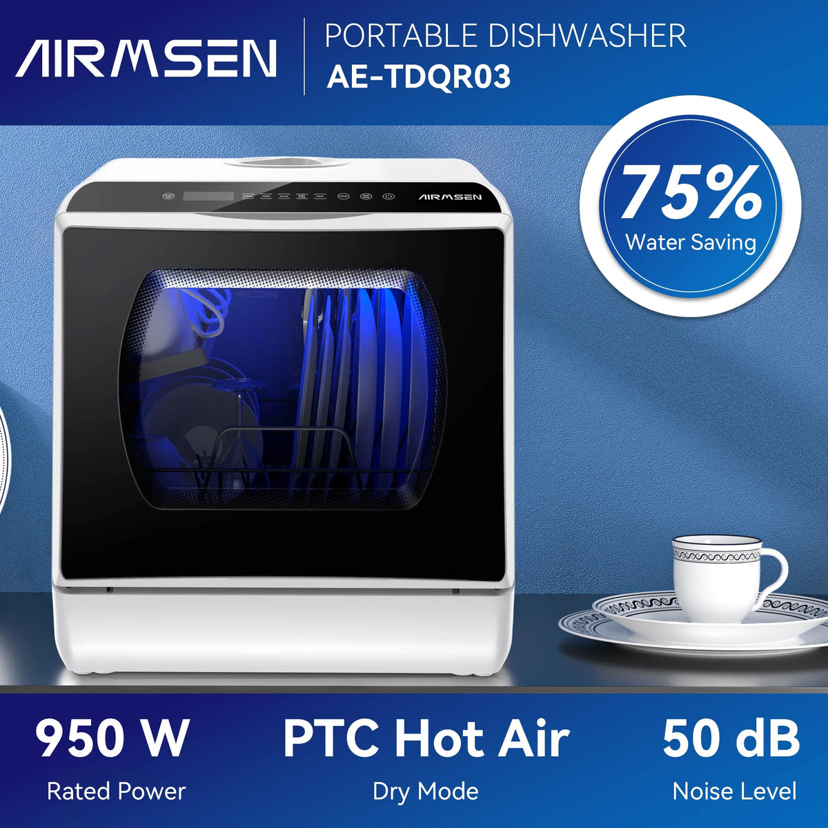 AIRMSEN Portable Countertop Dishwasher with 5 - Liter Built - in Water Tank and Air - Dry Function, 5 Washing Programs Mini Dishwasher, AE - TDQR03