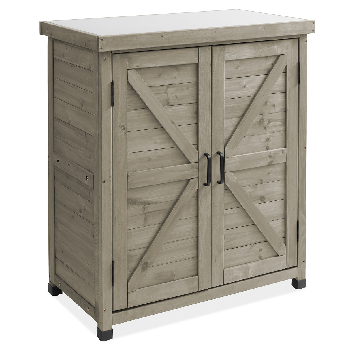 Outdoor Storage Cabinet and Potting Bench with Metal Tabletop and Storage Cabinet - Wooden Outdoor Garden Patio Workstation Table, Gray