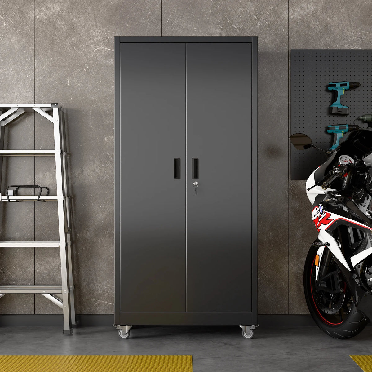 Aobabo Metal Storage Cabinet with Lock, Garage Storage Cabinet with Wheels, 72in Steel Storage Cabinet for Garage Home Storage, Black Required - Assembly