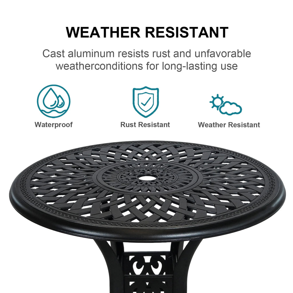 30.3 in Round Patio Table Cast Aluminum Patio Table, Metal Patio Dining Table with Umbrella Hole, All-Weather Outdoor Bistro Dining Table for Backyard, Garden, Balcony, Black