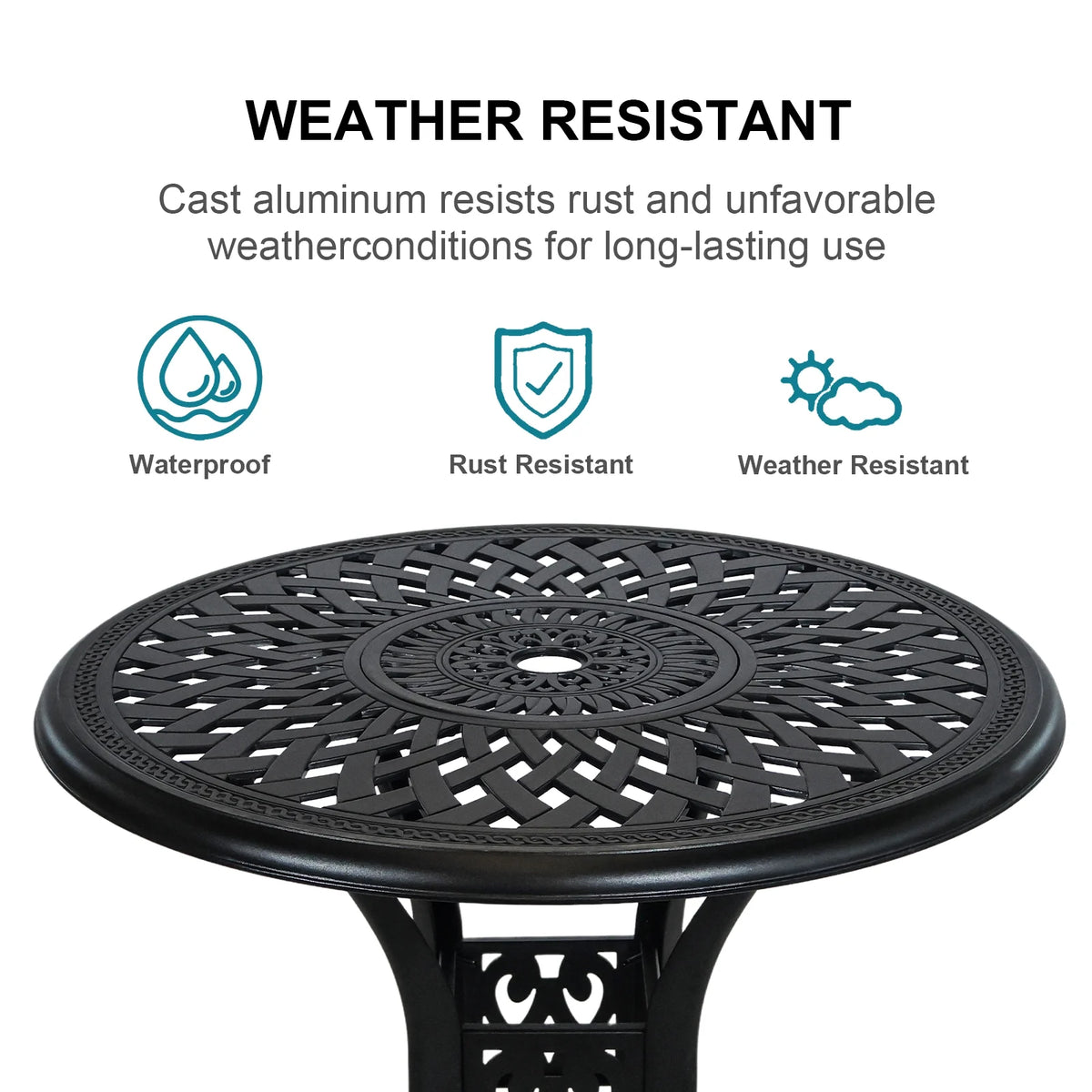 30.3 in Round Patio Table Cast Aluminum Patio Table, Metal Patio Dining Table with Umbrella Hole, All-Weather Outdoor Bistro Dining Table for Backyard, Garden, Balcony, Black