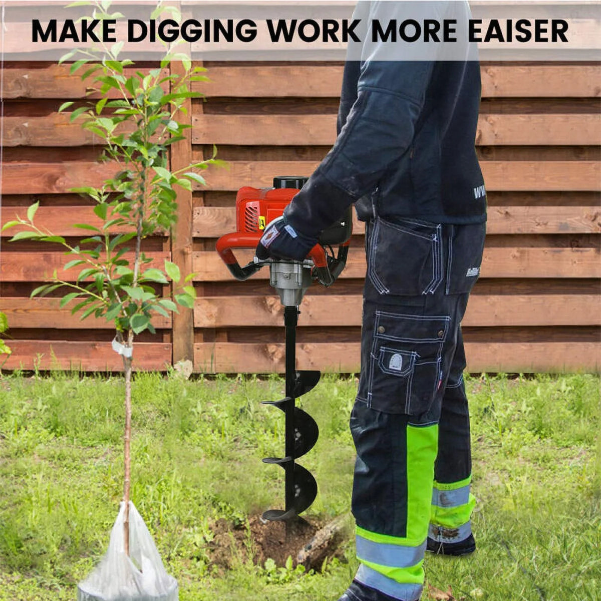 Jacgood 62cc Post Hole Digger 2 Stroke Petrol Gas Powered Earth Digger with 3 Auger Drill Bits (3" 5" & 8") + 3 Extension Rods for Farm Garden Plant