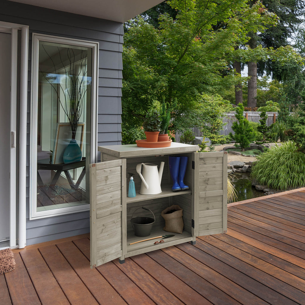 Outdoor Storage Cabinet and Potting Bench with Metal Tabletop and Storage Cabinet - Wooden Outdoor Garden Patio Workstation Table, Gray