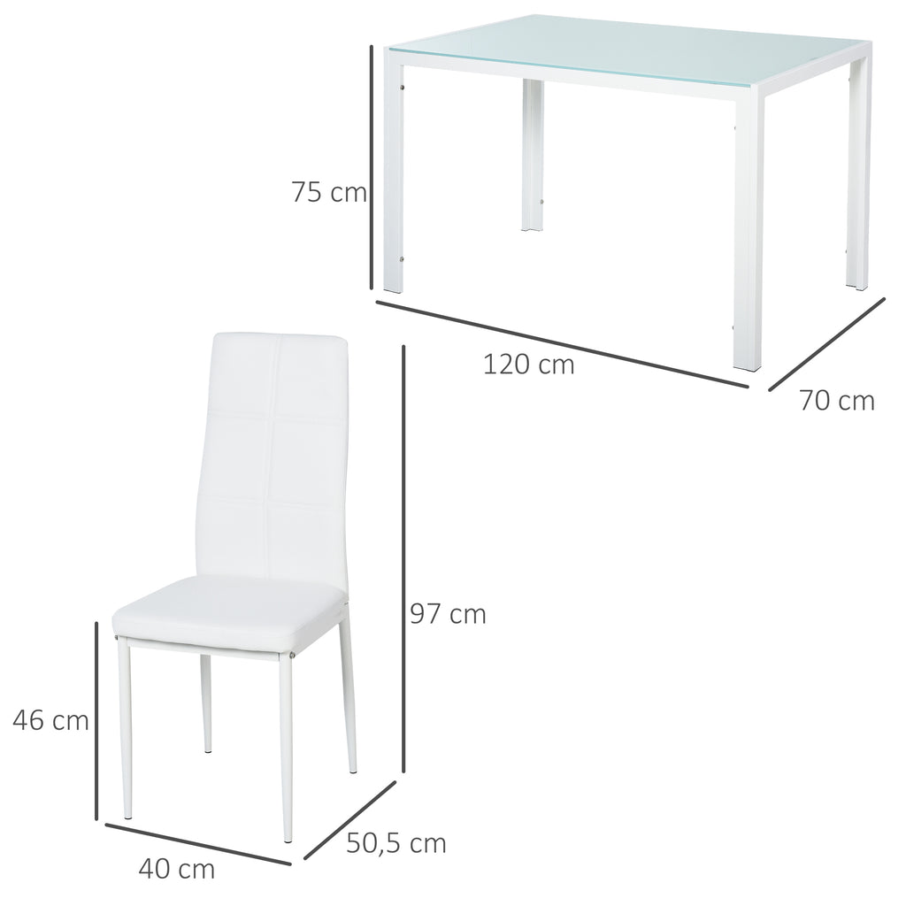 HOMCOM Esszimmer-Set mit Esstisch und Stühlen für 4 Personen, rechteckige Glasplatte, für Küche Wohnzimmer Zuhause, Weiß