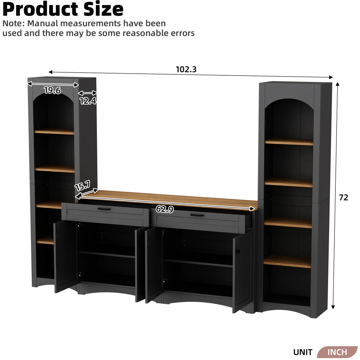 72"h Pantry Pair, 2, Adjustable Shelves, , Black Finish 2 Bookcase, Cabinet with Vintage Style