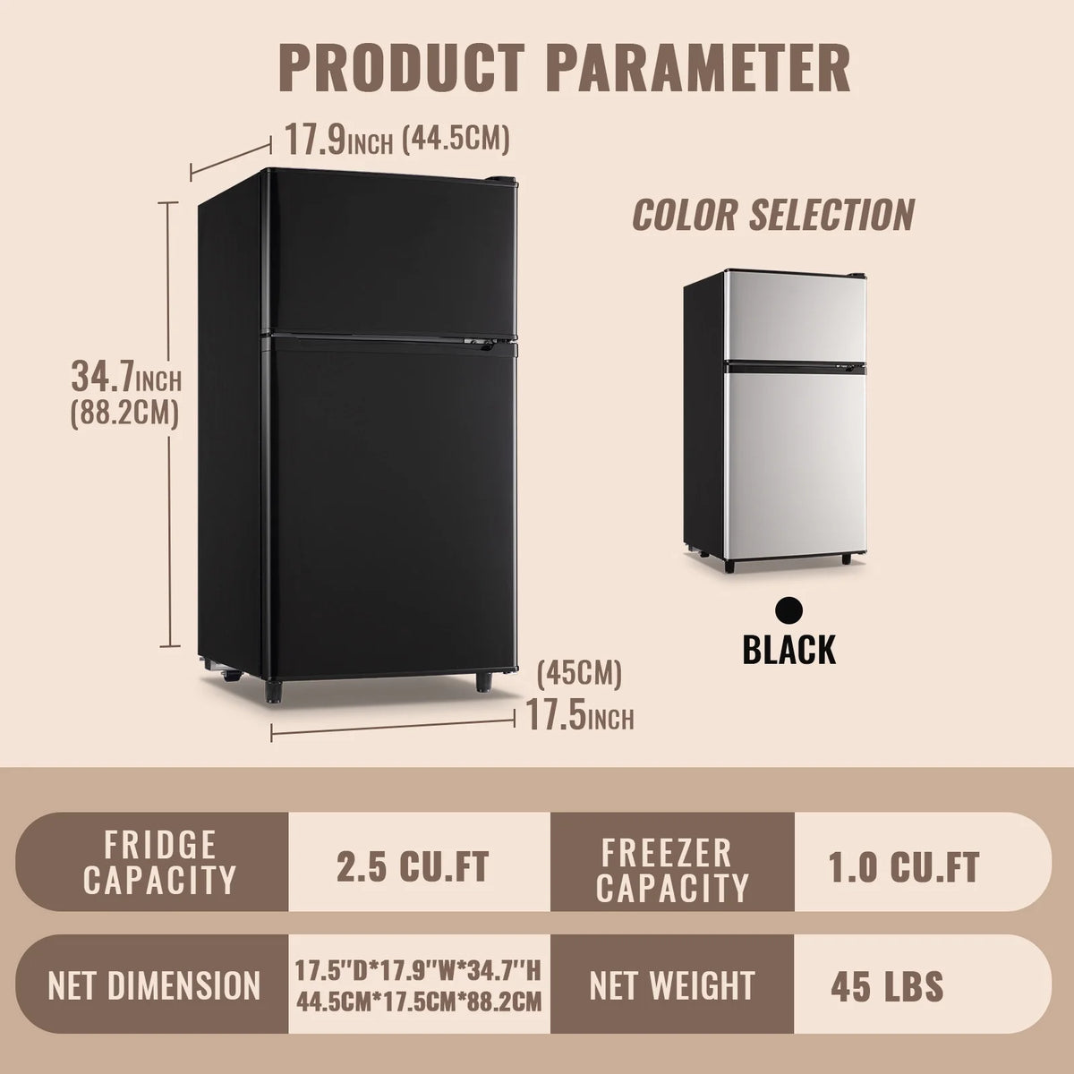 WANAI 3.5 Cu.ft Fridge with Freezer 2 Door Compact Refrigerator Adjustable Thermostat Silver New
