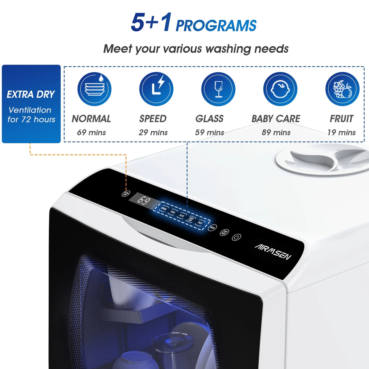 AIRMSEN Portable Countertop Dishwasher with 5 - Liter Built - in Water Tank and Air - Dry Function, 5 Washing Programs Mini Dishwasher, AE - TDQR03