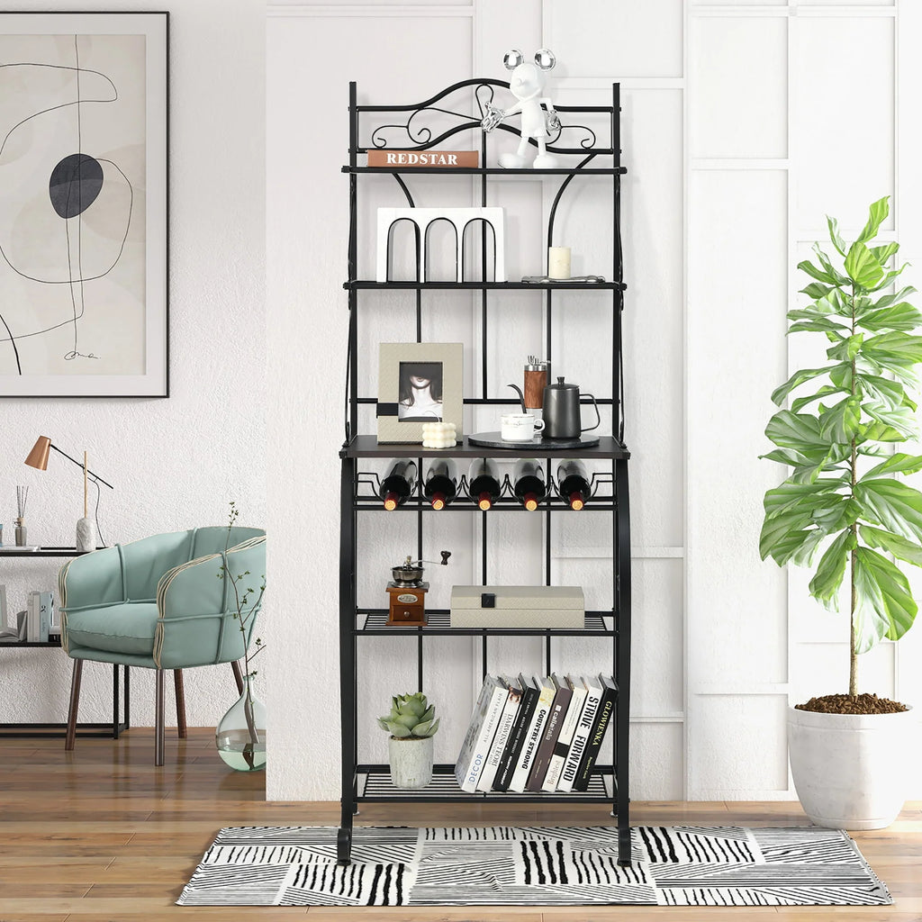 Costway 5 - Tier Metal Kitchen Bakers Rack Microwave Storage Rack Oven Stand with Wine Organizer
