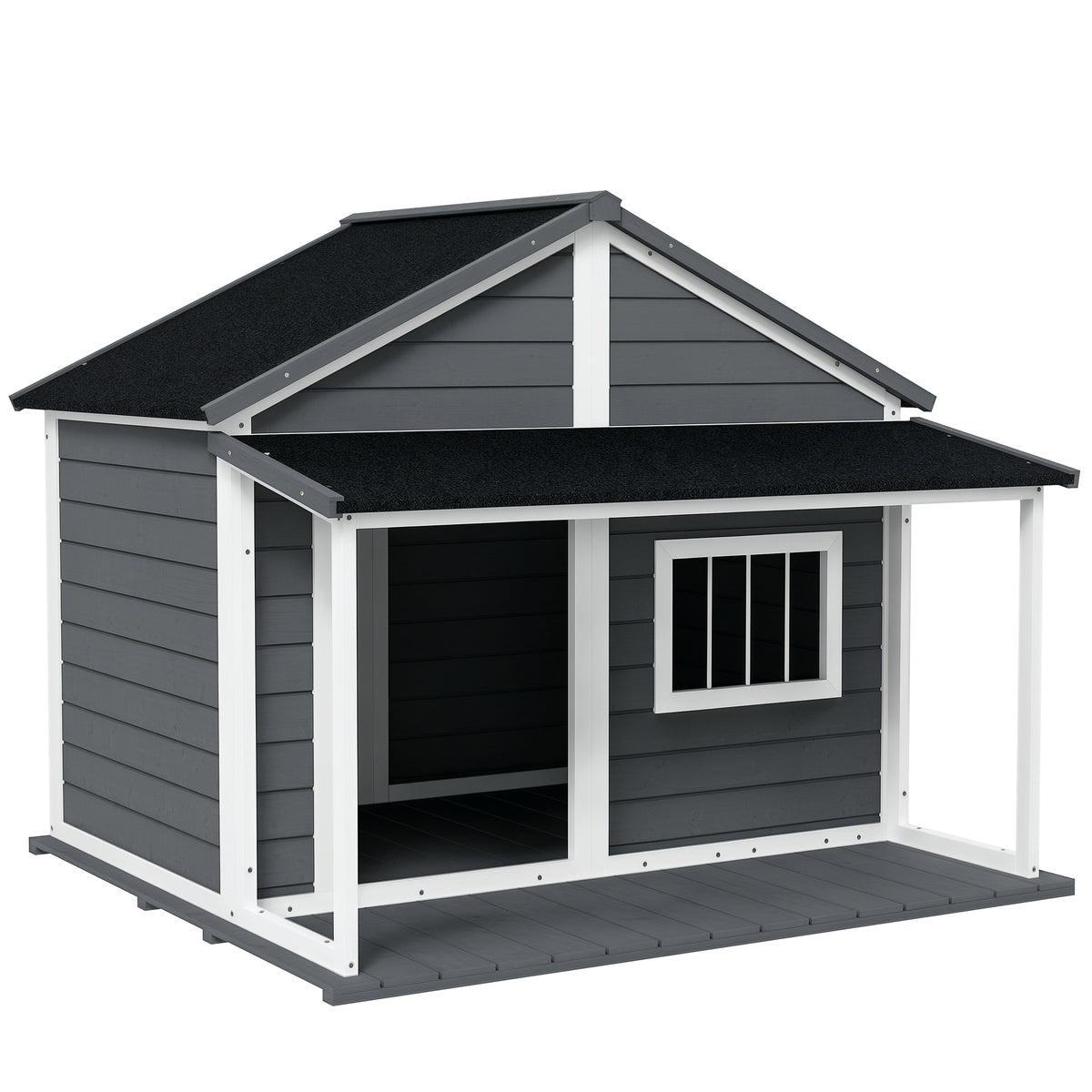PawHut Hundehütte Outdoor-Hundehütte, inkl. Veranda, wetterbeständig, 124 cm x 112 cm x 105 cm, Grau + Weiß