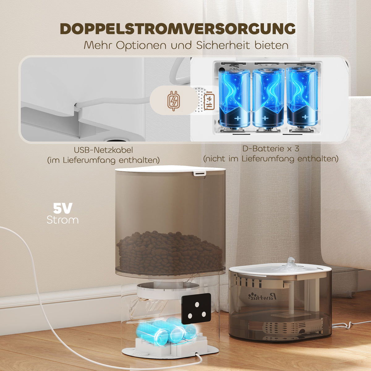 PawHut Automatischer Futterspender und 2,5 L Wasserspender für kleine Hunde, Katzen Weiß