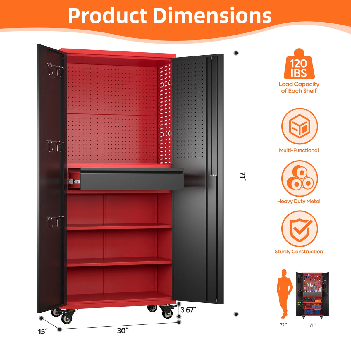 Aobabo Metal Storage Cabinet with Lock, Garage Storage Cabinet with Wheels, 72in Steel Storage Cabinet for Garage Home Storage, Black Required - Assembly