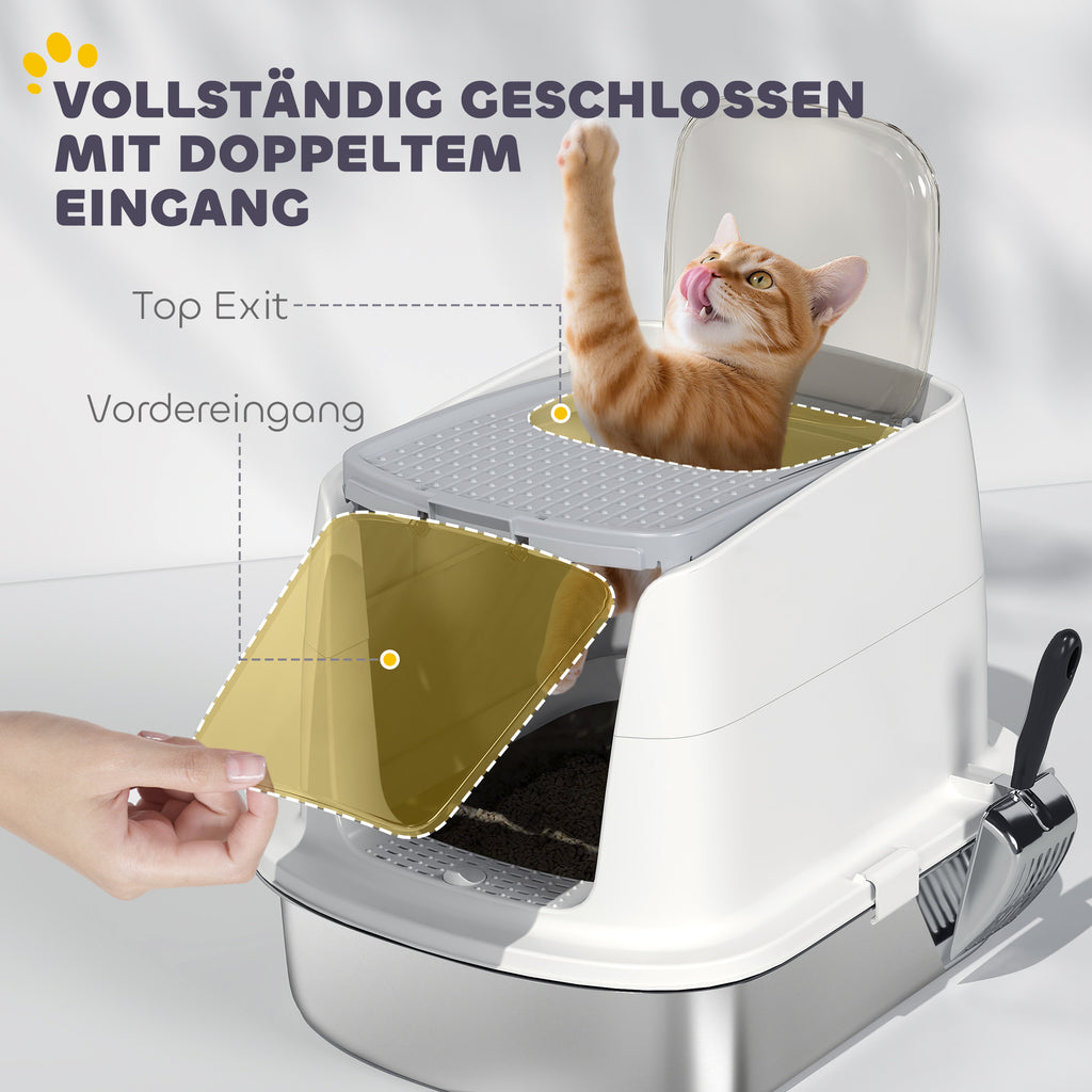 PawHut Katzentoilette Edelstahl, geschlossene Katzentoilette mit Schaufel, Geruchsbeutel, Einstieg Ausgang