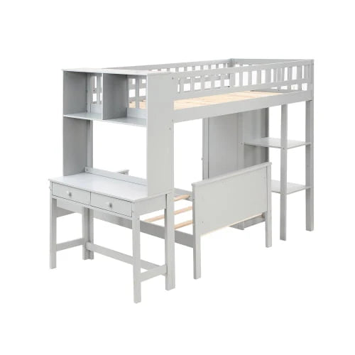 Twin Loft Bed with Closet & Desk, Wood Bed Frame with Movable Bed, Bunk Bed for Kids Adult, Gray