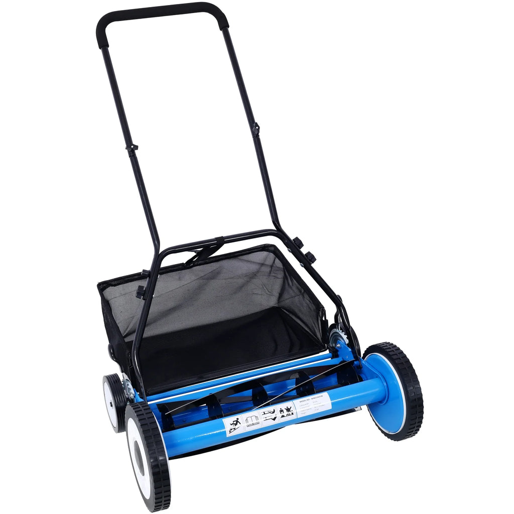 20 - Inch 5 - Blade Push Reel Lawn Mower with Grass Catcher 4 WHEELS BLUE COLOR