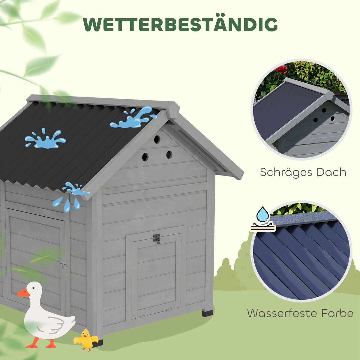 PawHut Entenhaus Entenstall Kleintierstall, wetterbeständig, 2 Eingänge, 2 Rampen, 78 x 90 x 92 cm, Hellgrau + Schwarz