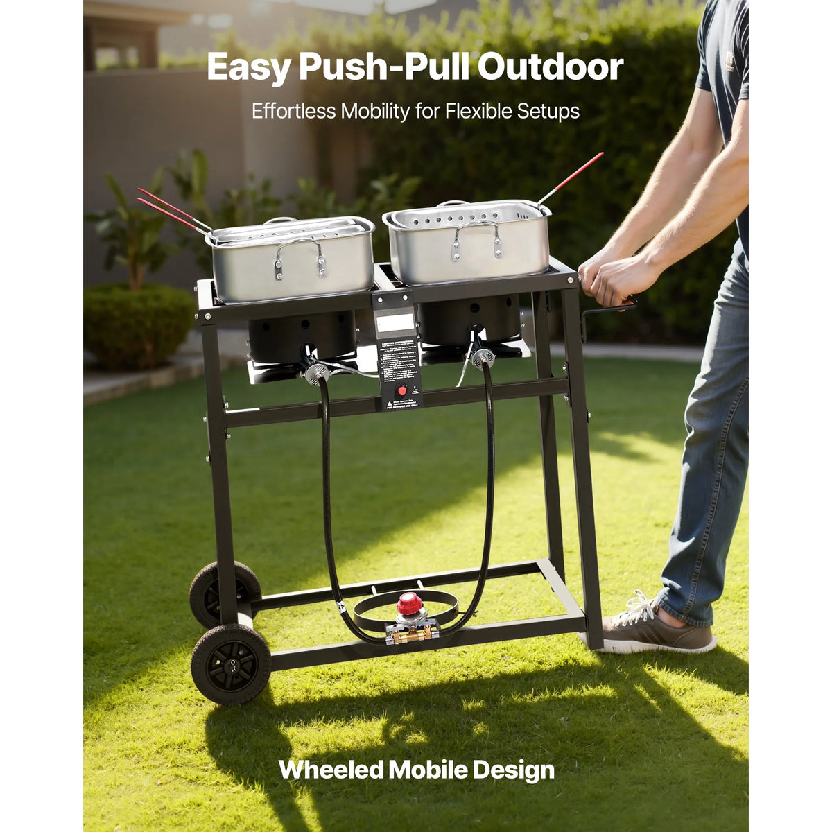 KFFKFF Outdoor Propane Deep Fryer, Dual - Tank 18QT x 2 Commercial Fryer, Portable Frying Cart with Wheels, 3 Baskets, 2 Thermometers, Stainless Steel Cooker for Fish, Wings, and Fries, 40, 000 BTU