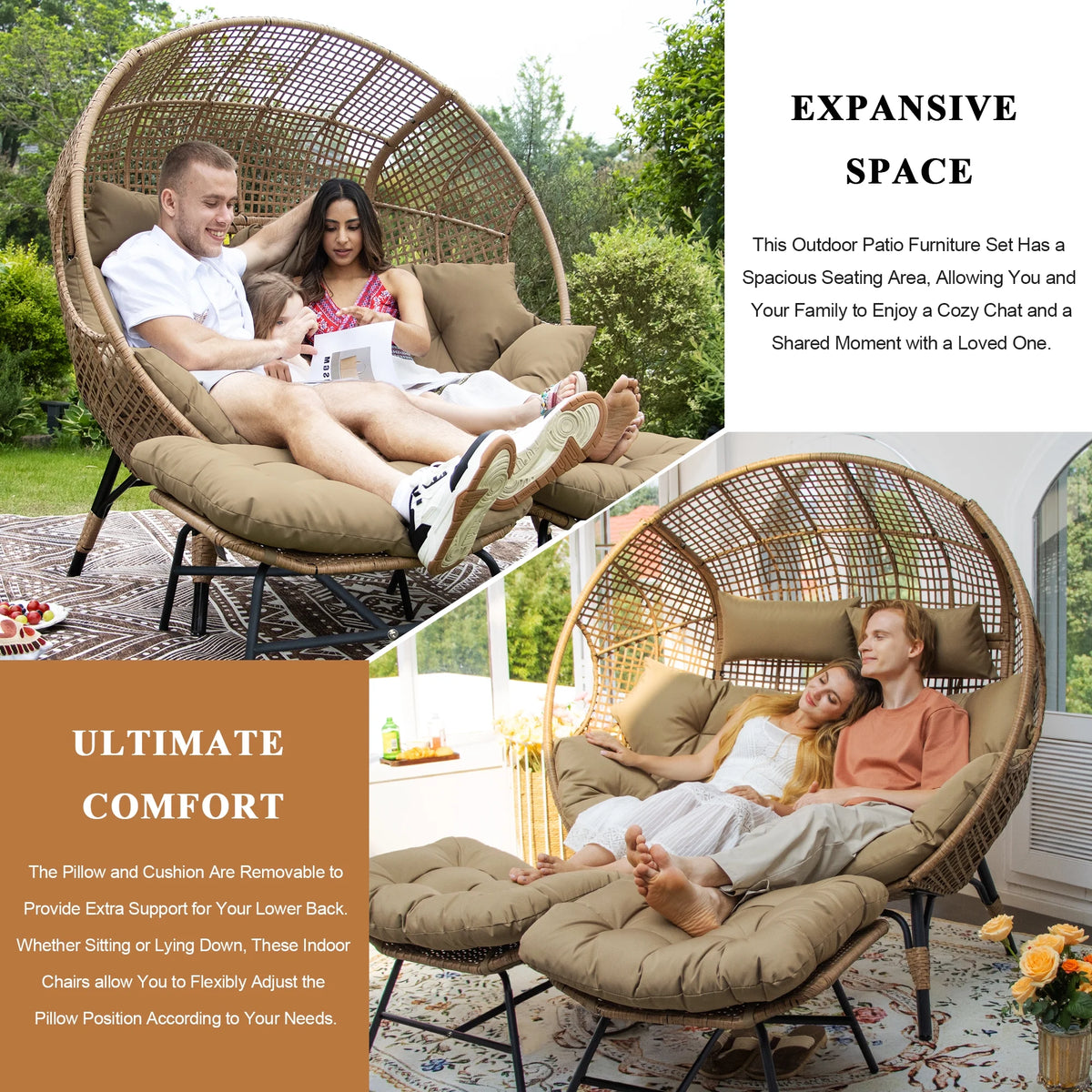 RADIATA 440 lb Outdoor Egg Chair with Foot Rest & Ottoman, Wicker Patio Egg Chair for Indoor or Garden, Beige