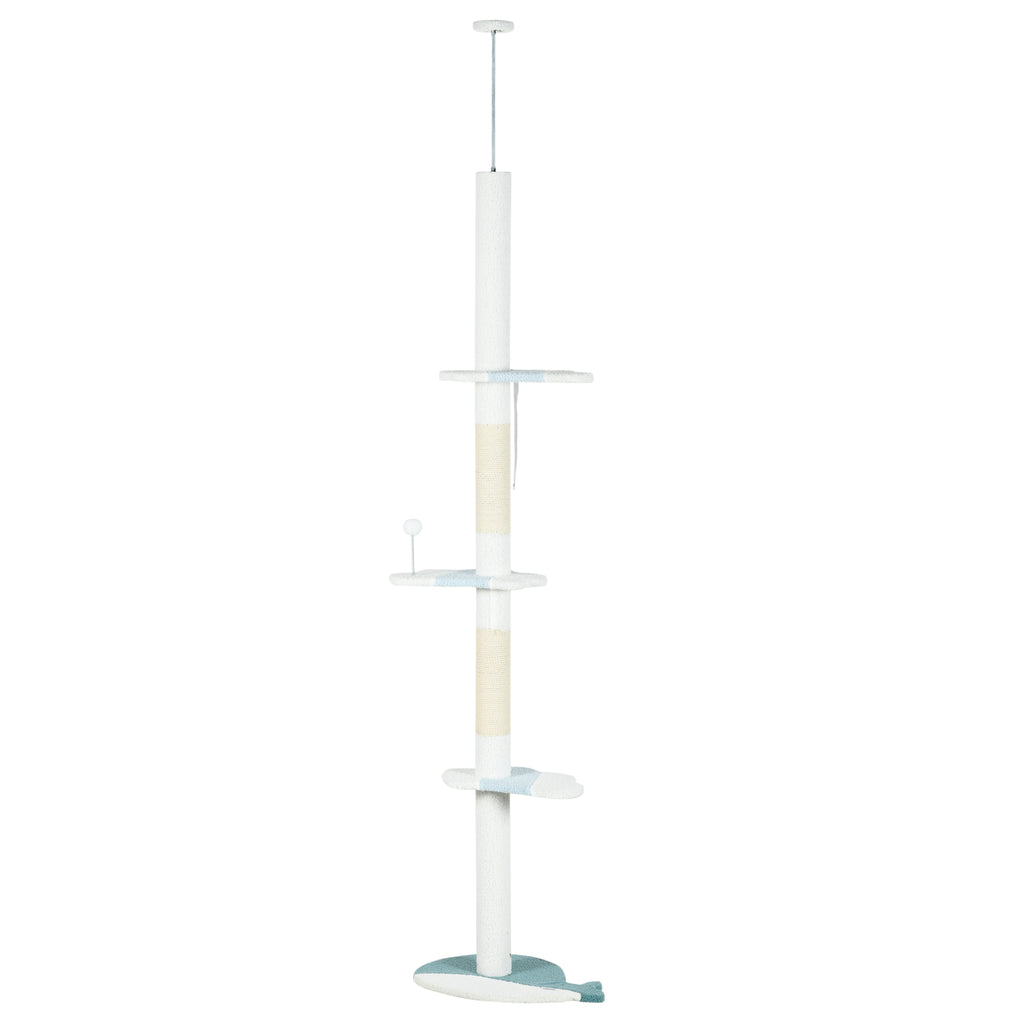 PawHut Katzenbaum an der Decke mit Höhenverstellbarem Pfosten von 225-255 cm, Ball und Plattformen, Weiß