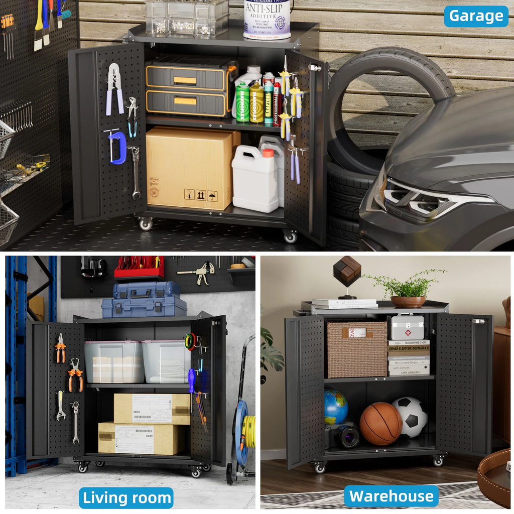 Aobabo Metal Storage Cabinet with Lock, Garage Storage Cabinet with Wheels, 72in Steel Storage Cabinet for Garage Home Storage, Black Required - Assembly
