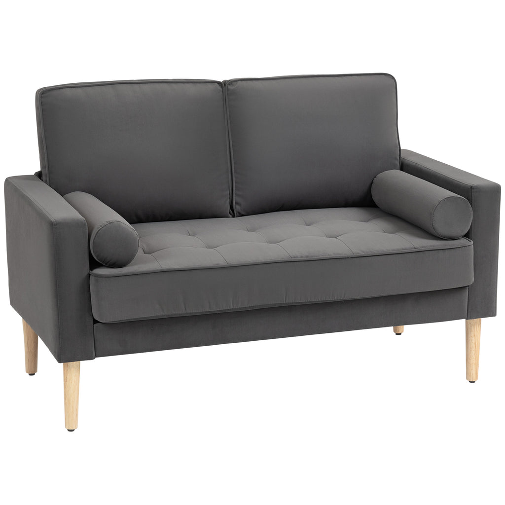 HOMCOM Modernes 2-Sitzer-Sofa aus Samt 127 cm mit dickem Polster, 2 Zierkissen und geknöpfter Sitzfläche, Grau
