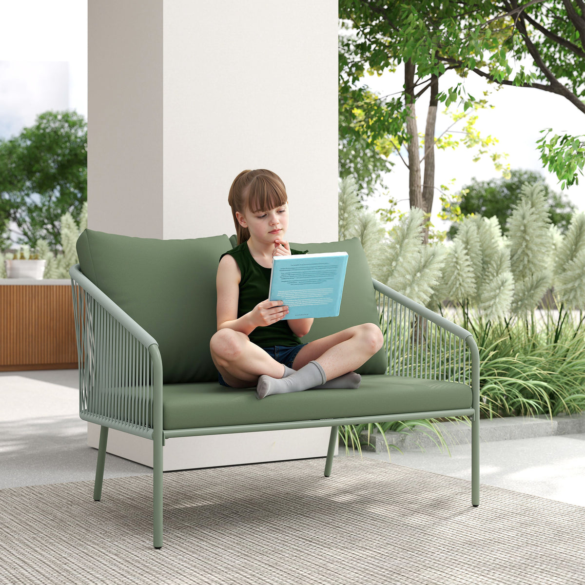 Outsunny Gartensofa mit Kissen 2-Sitzer Rattan Sofa Lounge Sofa Outdoor Balkon Sofa 112 x 72 x 76 cm Grün