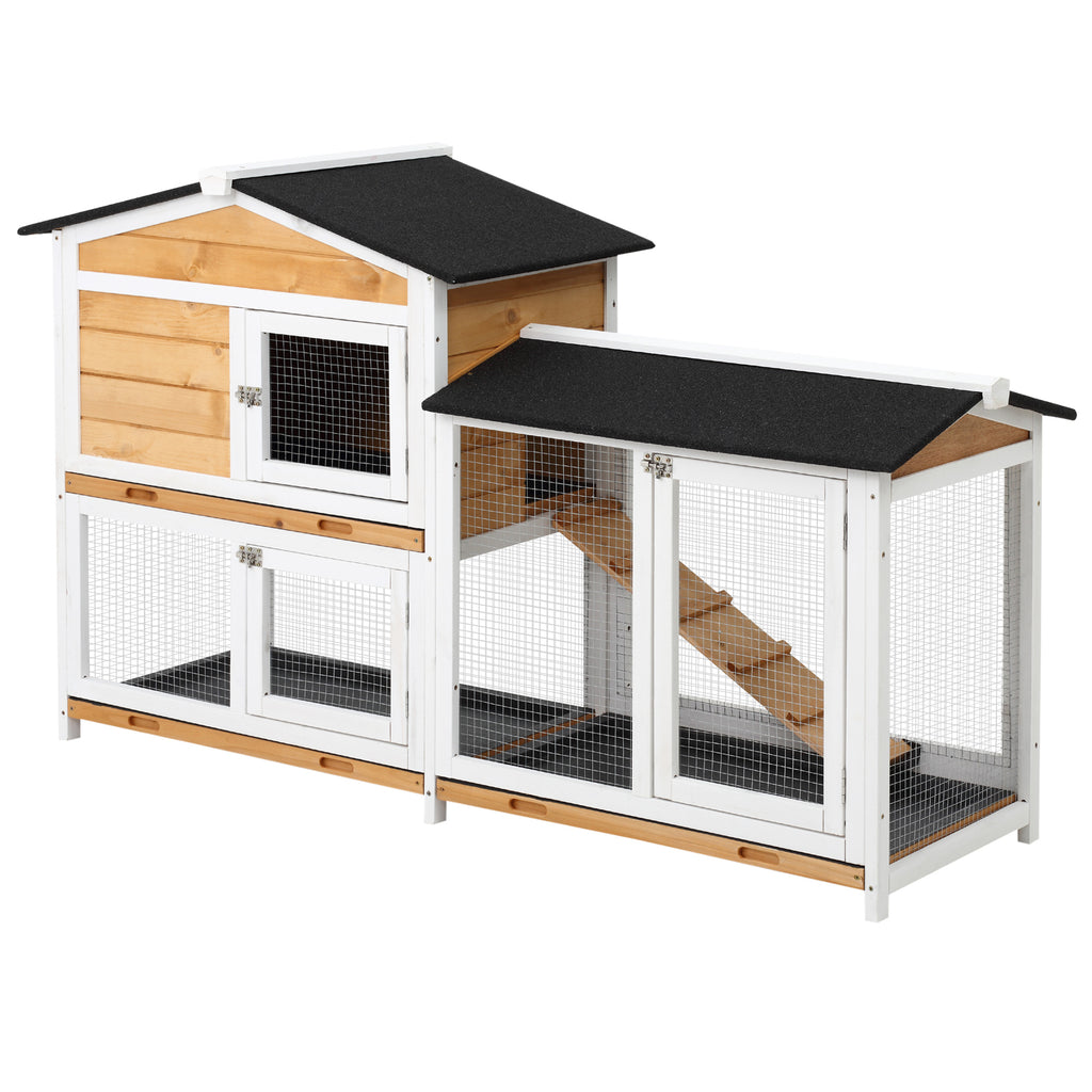 PawHut Kaninchenstall aus Holz mit Häuschen, Rampe und Umzäuntem Freigehege, Gelb und Schwarz
