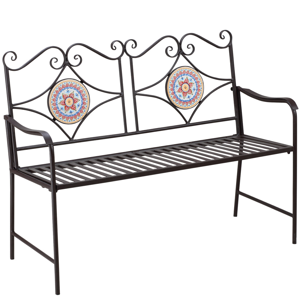 Outsunny Gartenbank im Vintage-Design, 2 Sitzer, wetterbeständig, mit Mosaiksteinen, 121 cm x 52 cm x 93 cm, Mehrfarbig