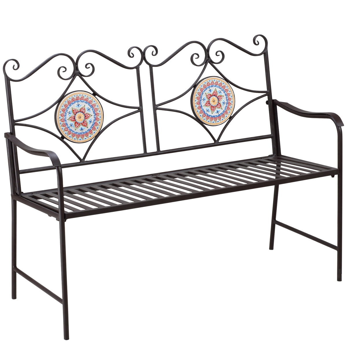 Outsunny Gartenbank im Vintage-Design, 2 Sitzer, wetterbeständig, mit Mosaiksteinen, 121 cm x 52 cm x 93 cm, Mehrfarbig