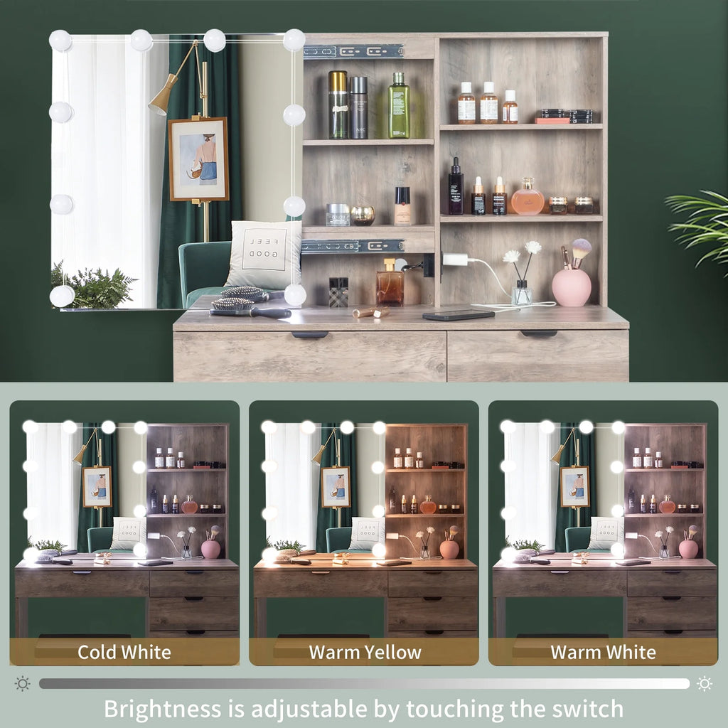 Ktaxon Vanity Set with 3 Color Lighted Mirror & Charging Station, Makeup Table with 3 Storage Shelves & Drawers, Dressing Table Makeup Desk with Stool, Retro Gray