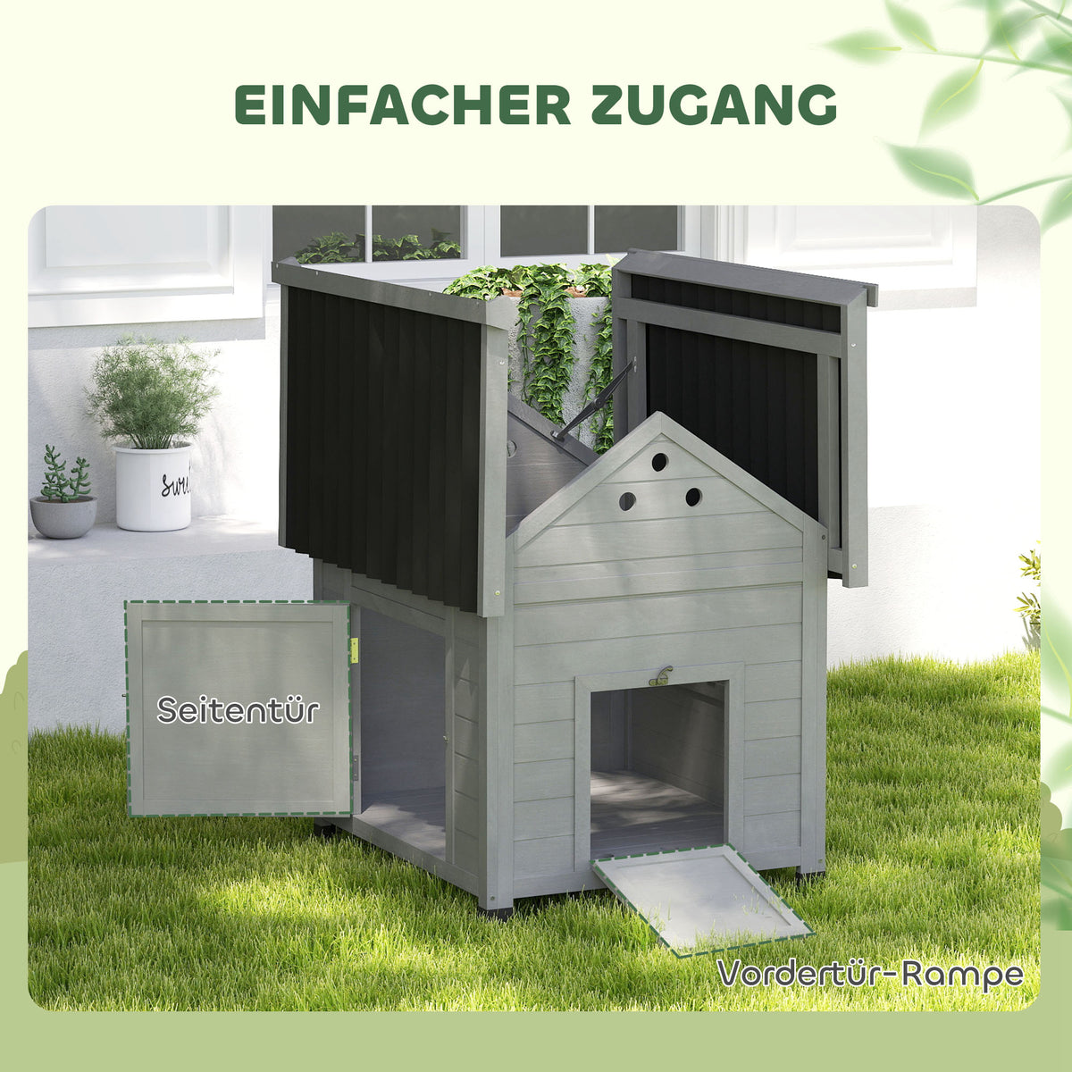 PawHut Entenhaus Entenstall Kleintierstall, wetterbeständig, 2 Eingänge, 2 Rampen, 78 x 90 x 92 cm, Hellgrau + Schwarz