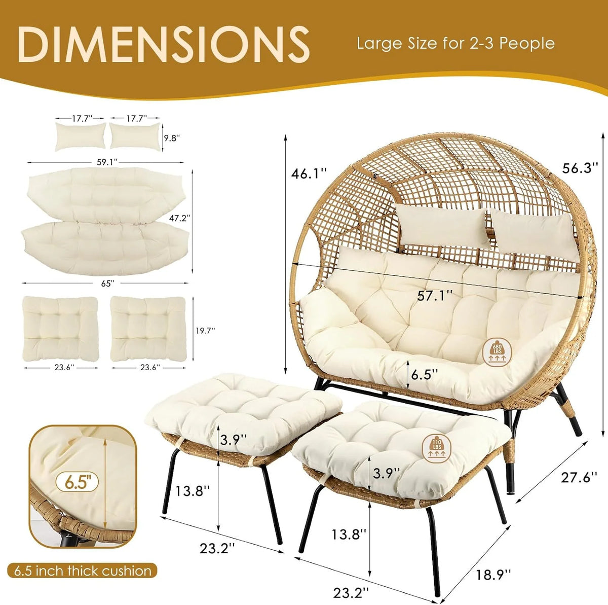 RADIATA 440 lb Outdoor Egg Chair with Foot Rest & Ottoman, Wicker Patio Egg Chair for Indoor or Garden, Beige